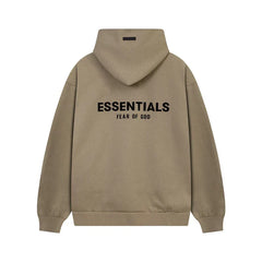 Fog Essentials Bold Black‑Print Khaki Oversized Cropped‑Hem Hooded Sweatshirt