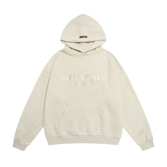 Fog Essentials Heather Oatmeal Textured‑Fabric Logo Hoodie, Oversized Cozy Hooded Pullover
