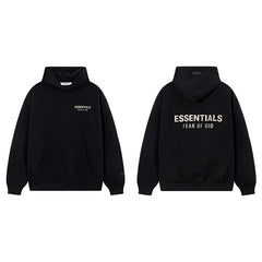 Fog Essentials Black Fleece‑Lined Oversized Pullover Hoodie Chest Logo