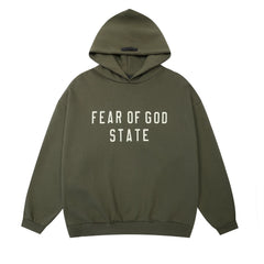Fog Essentials Olive‑Green Oversized Hoodie White “FEAR OF GOD STATE” Chest Logo