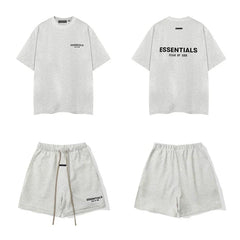 Fog Essentials Off‑White Letter Print Matching Set Oversized T‑Shirt & Elastic Shorts Casual Streetwear 2‑Piece Suit
