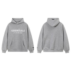 Fog Essentials Heather Grey Fleece‑Lined Oversized Pullover Hoodie White & Red Chest Logo
