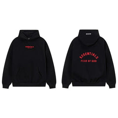 Fog Essentials Black Fleece‑Lined Oversized Pullover Hoodie Arch Red Logo