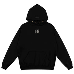 Fog Essentials Black Minimal FG Chest Logo Loose‑Fit Pullover Hoodie
