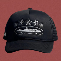 Cortiez Black Trucker Hat with Silver Stars and Cruise Ship Graphic