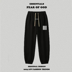 Fog Essentials Black Fleece‑Lined Jogger Pants White 3‑Strip Print Warm Winter Sweatpants