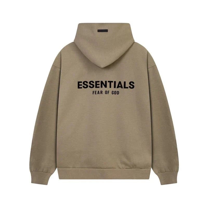 Fog Essentials Bold Black‑Print Khaki Oversized Cropped‑Hem Hooded Sweatshirt