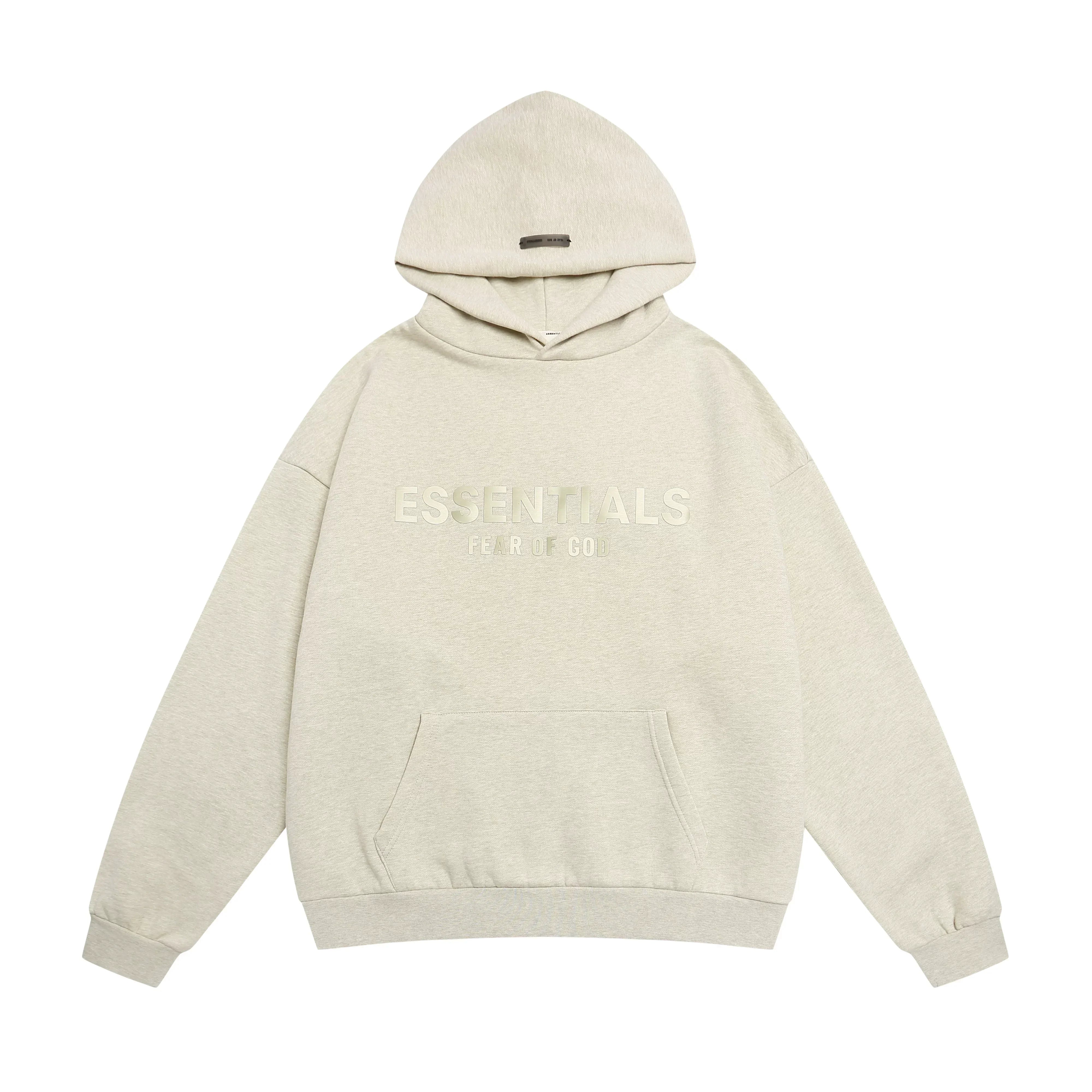 Fog Essentials Heather Oatmeal Textured‑Fabric Logo Hoodie, Oversized Cozy Hooded Pullover