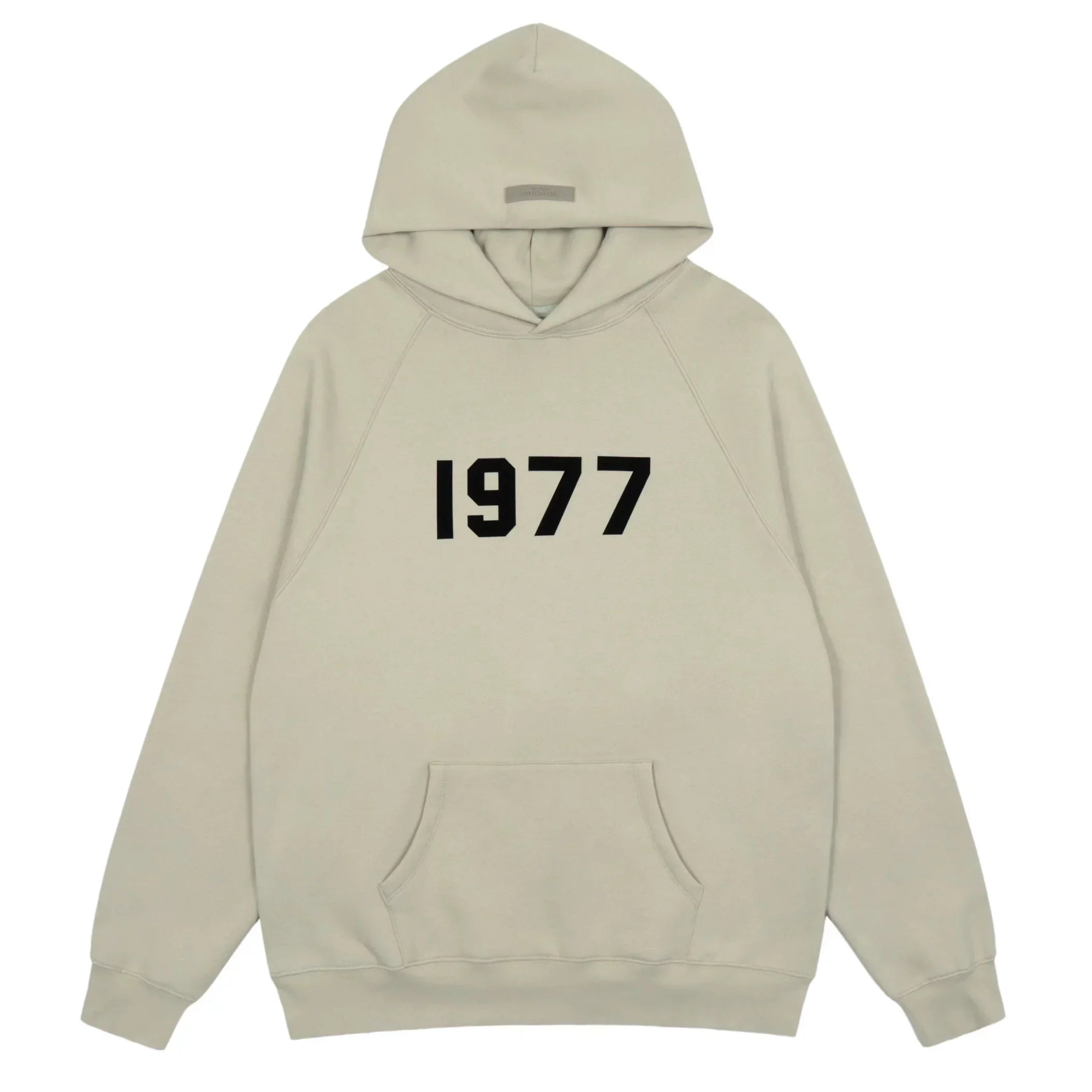 Fog Essentials Light Beige 1977 Bold Black‑Print Loose‑Fit Pullover Hoodie