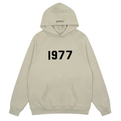 Fog Essentials Light Beige 1977 Bold Black‑Print Loose‑Fit Pullover Hoodie