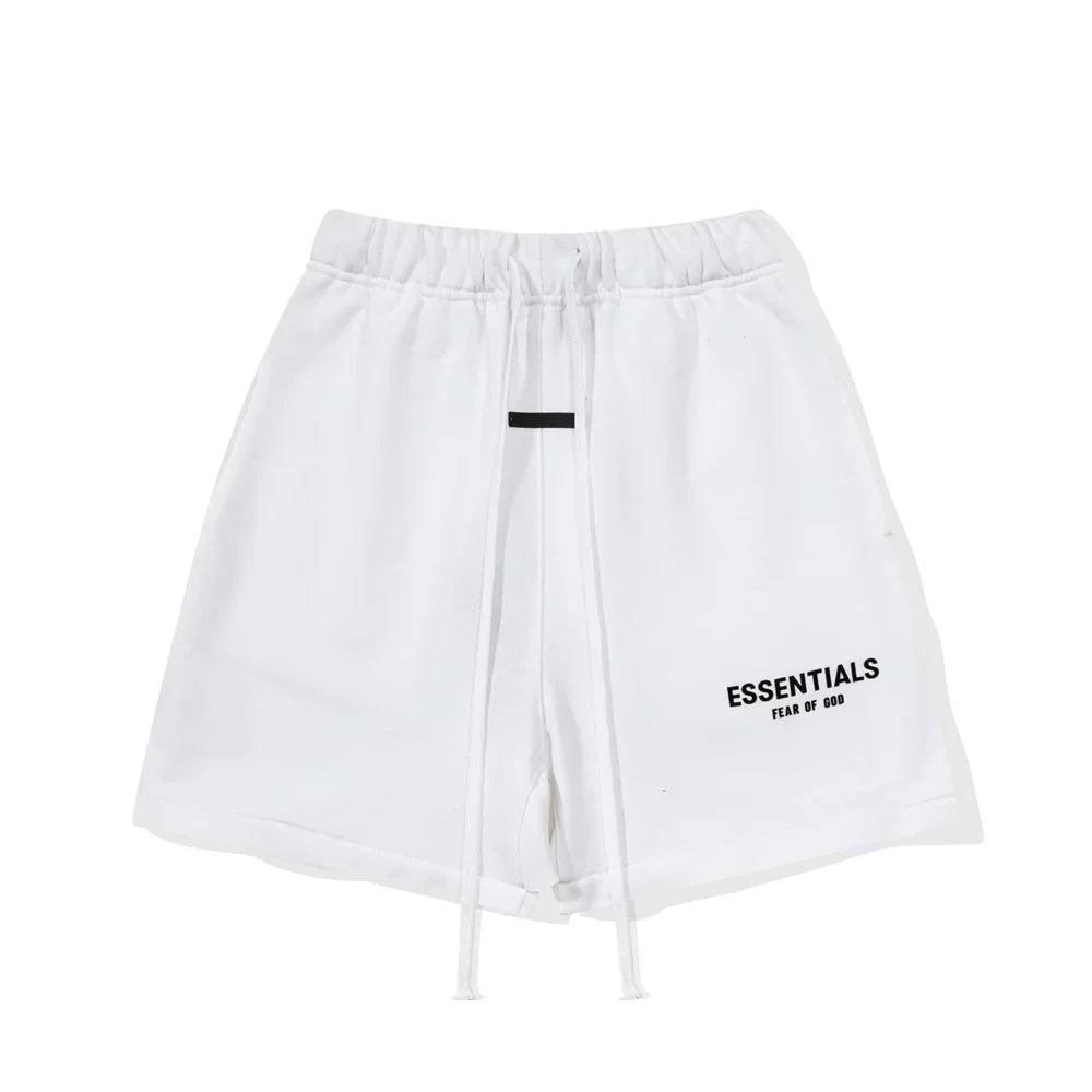 Fog Essentials White Elastic Waist Drawstring Logo Print Casual Street‑Wear Sweat Shorts