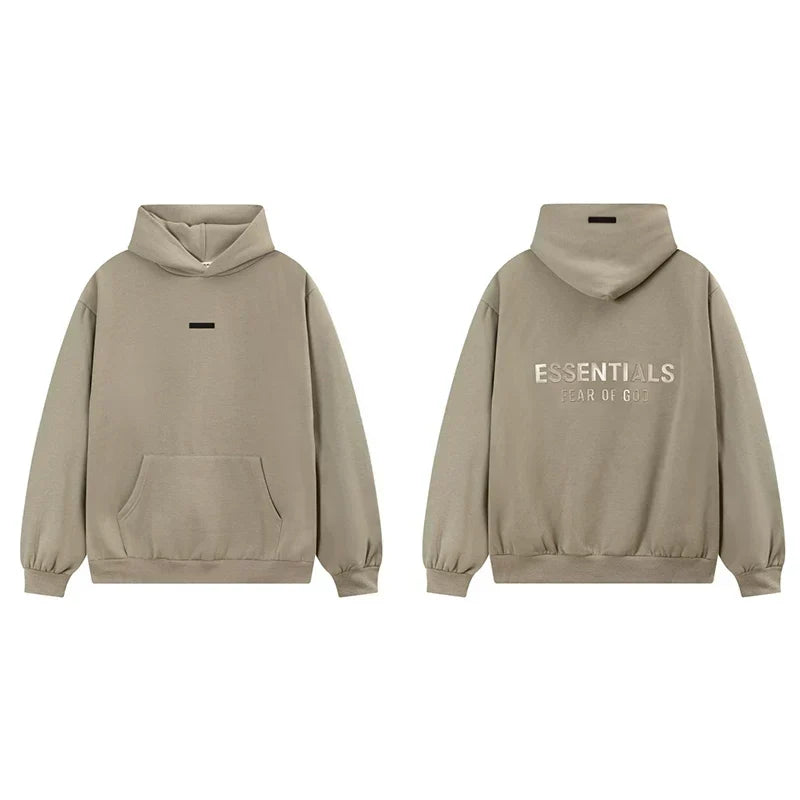 Fog Essentials Khaki Fleece‑Lined Oversized Pullover Hoodie Chest Logo
