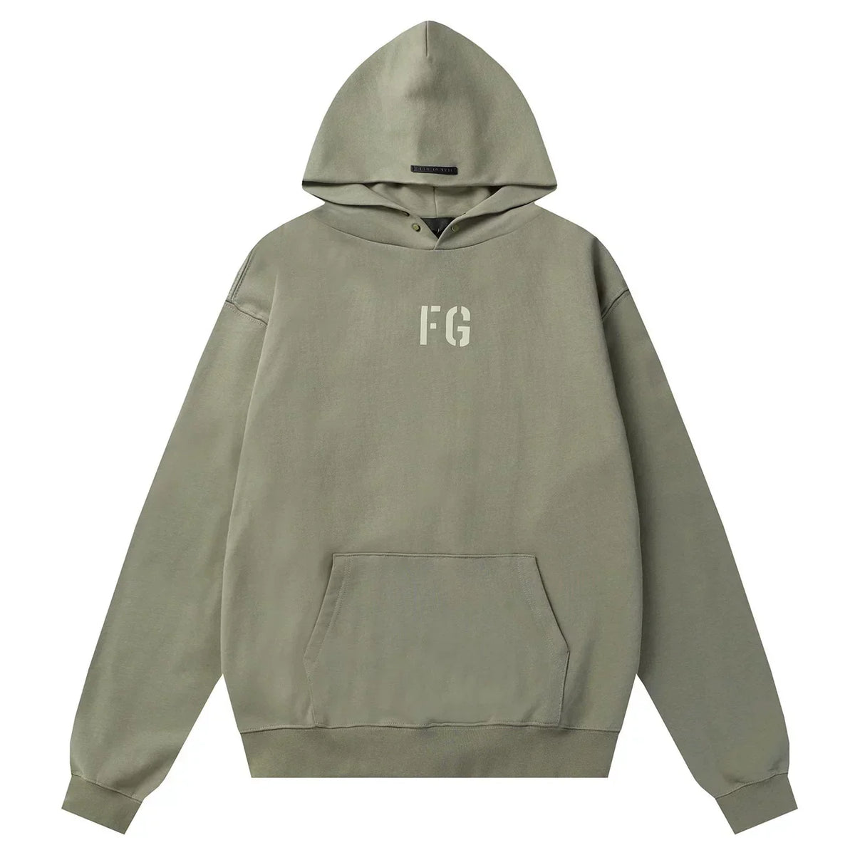 Fog Essentials Olive‑Green Oversized Hoodie Minimal “FG” Chest Logo