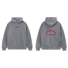 Fog Essentials Heather Grey Fleece‑Lined Oversized Pullover Hoodie Arch Red Print Logo