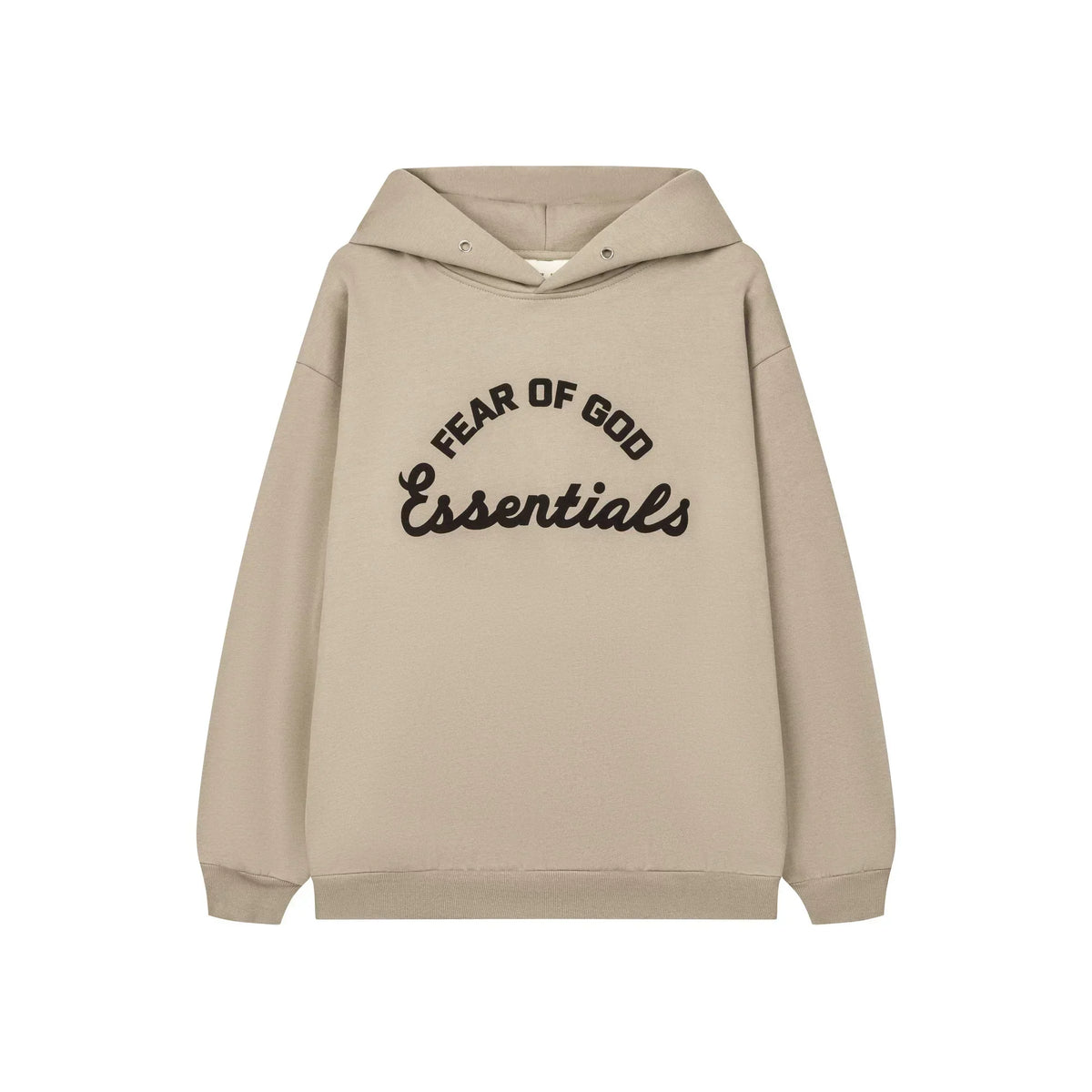 Fog Essentials Minimalist Embroidered Light Khaki Drop‑Shoulder Hooded Sweatshirt