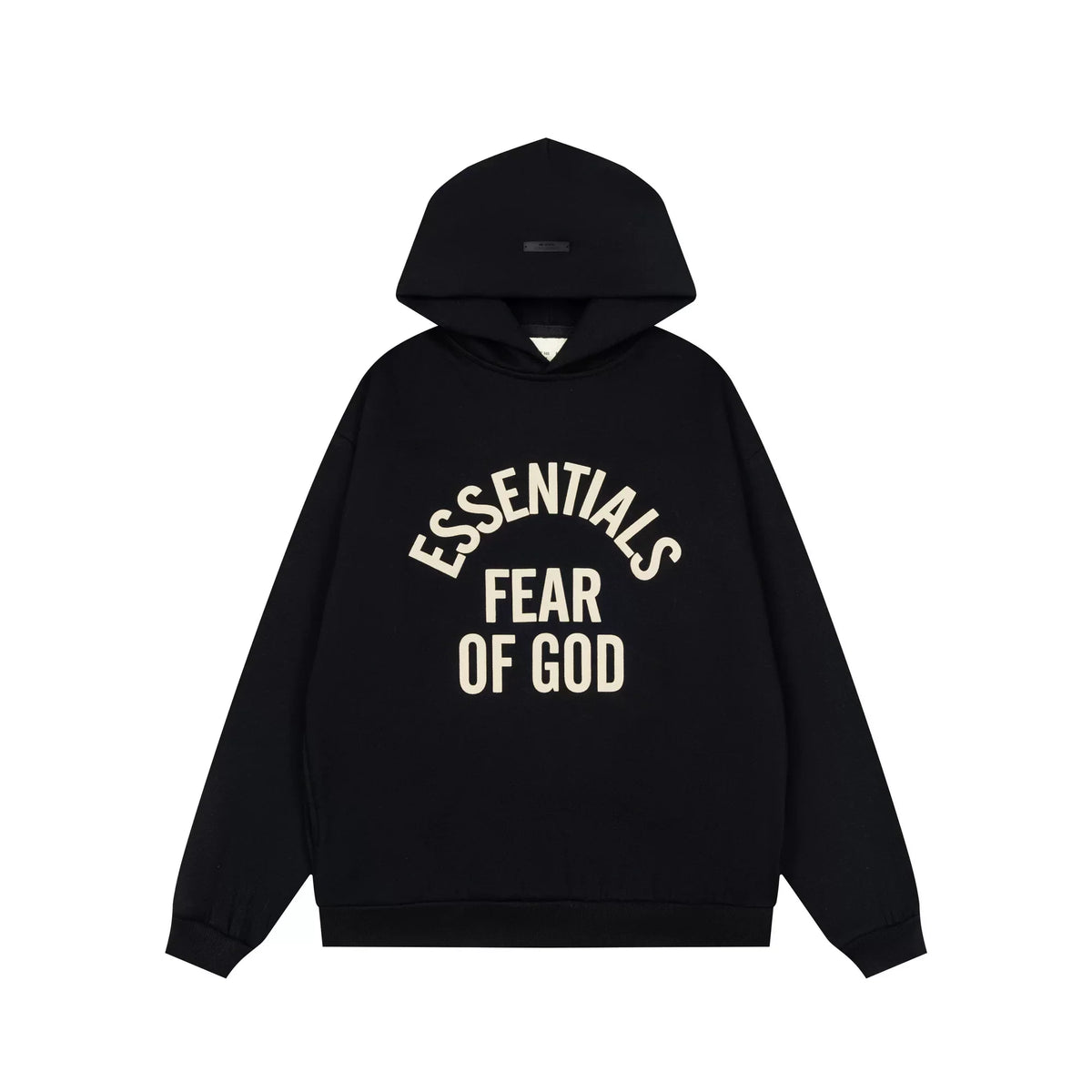 Fog Essentials Black Oversized Hoodie Contrast Cream‑Color Arch‑Logo Pullover Top