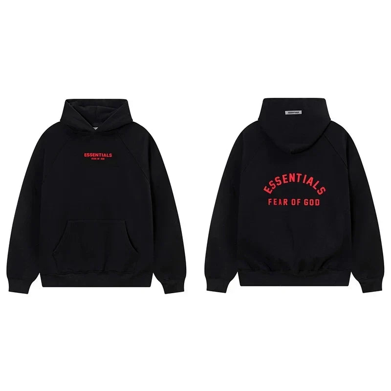 Fog Essentials Black Fleece‑Lined Oversized Pullover Hoodie Arch Red Logo