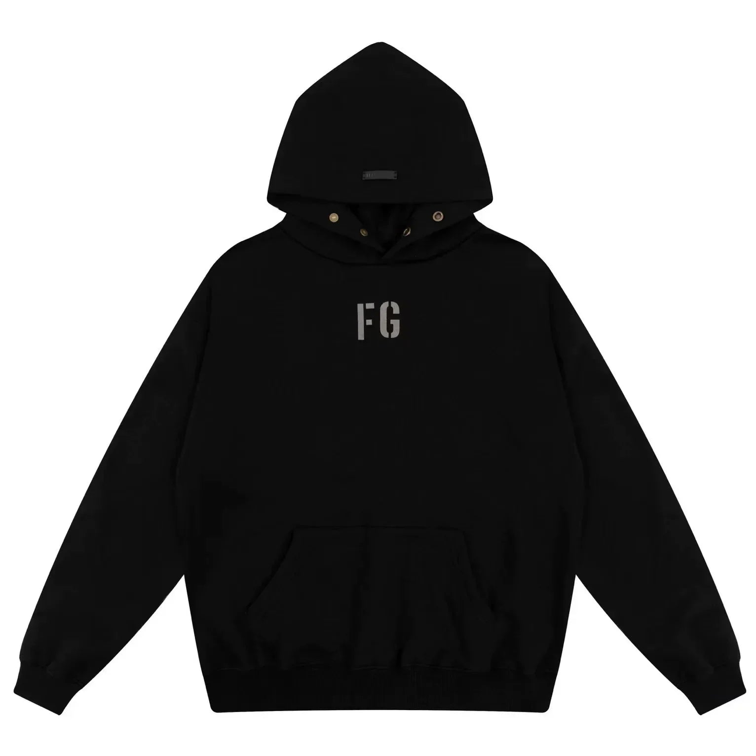Fog Essentials Black Minimal FG Chest Logo Loose‑Fit Pullover Hoodie