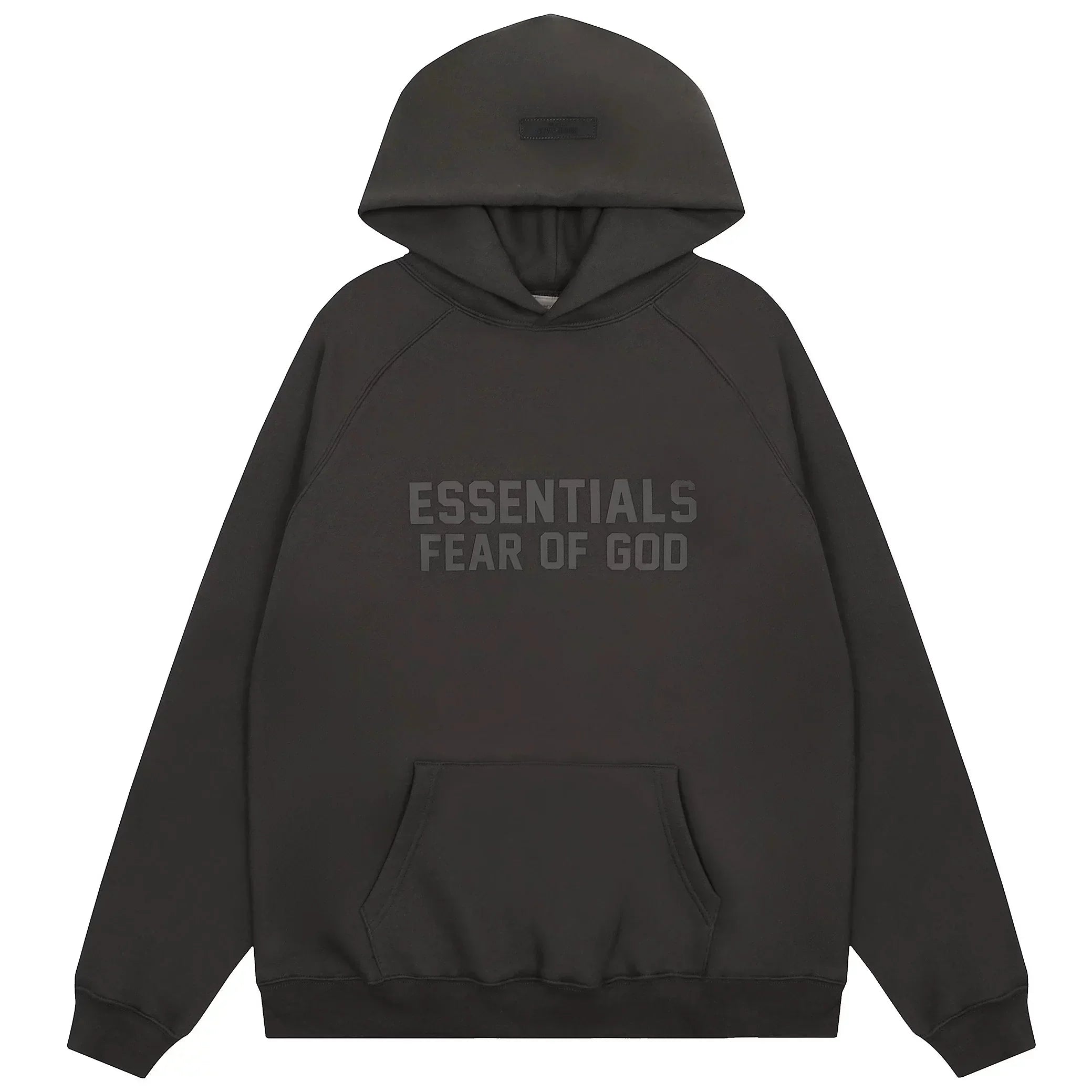 Fog Essentials Dark‑Grey Tonal “ESSENTIALS FEAR OF GOD” Oversized Kangaroo‑Pocket Hoodie