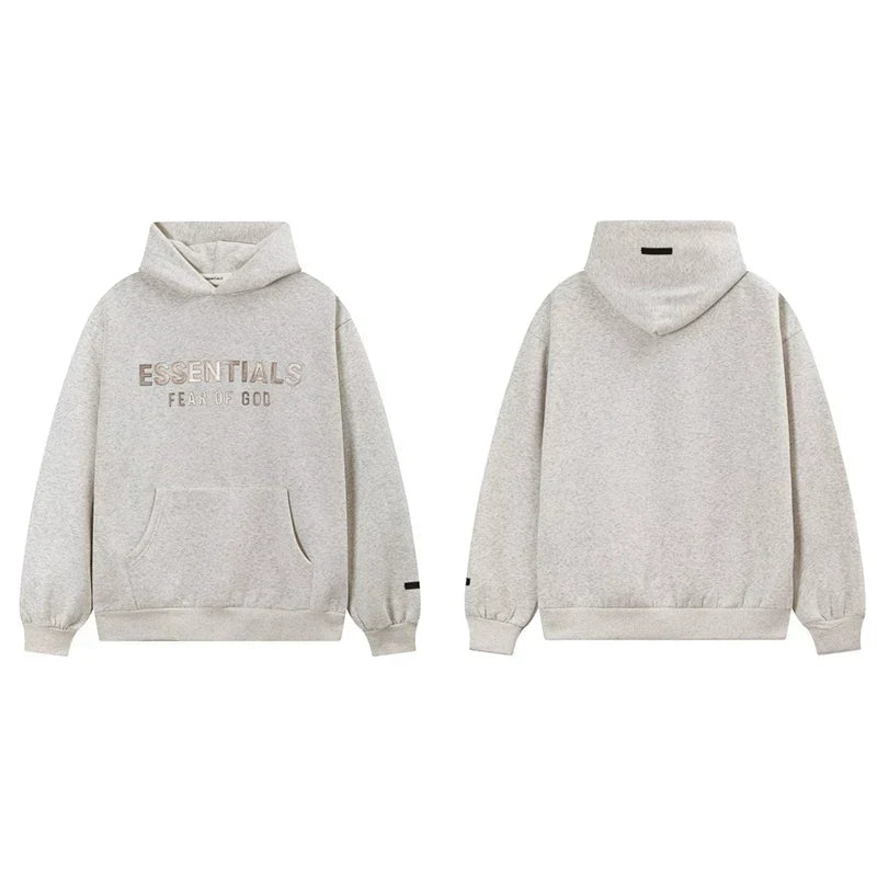 Fog Essentials Oatmeal Cream Fleece‑Lined Oversized Pullover Hoodie Metallic Chest Logo