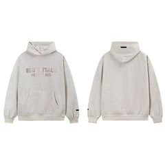 Fog Essentials Oatmeal Cream Fleece‑Lined Oversized Pullover Hoodie Metallic Chest Logo