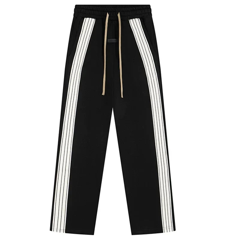 Fog Essentials Black Side‑Stripe Straight‑Leg Streetwear Sweatpants Casual Trousers