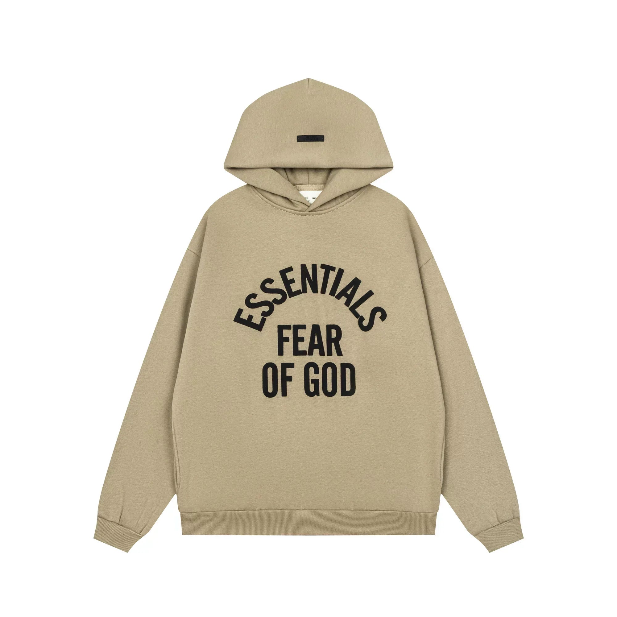 Fog Essentials Khaki Relaxed‑Fit Graphic Print Hooded Sweatshirt Unisex Pullover
