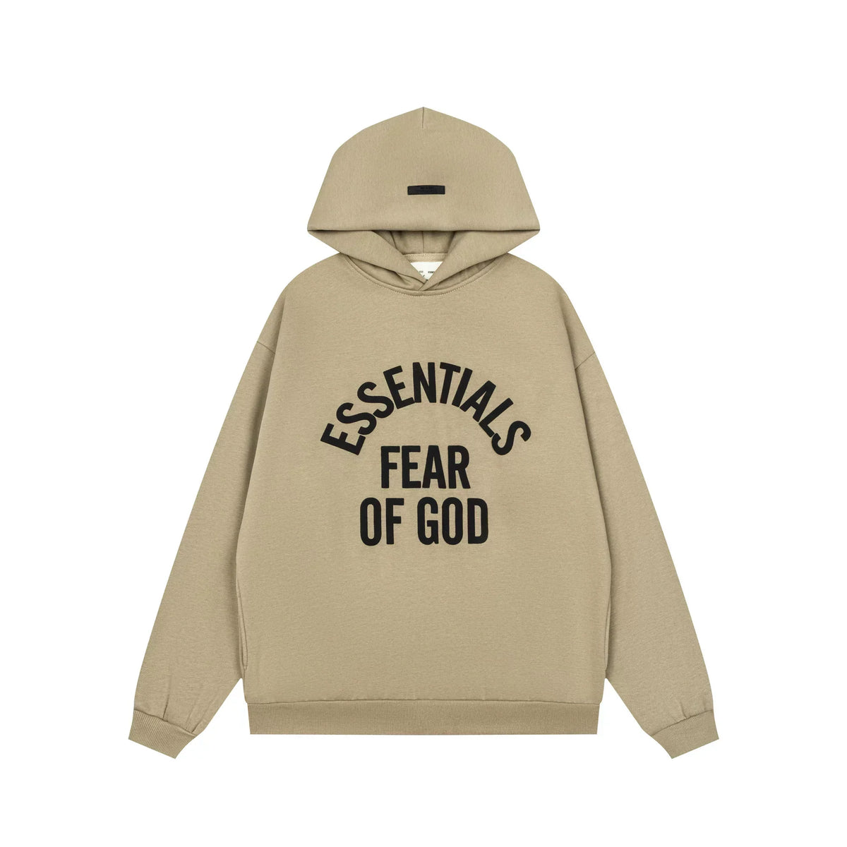 Fog Essentials Khaki Relaxed‑Fit Graphic Print Hooded Sweatshirt Unisex Pullover