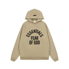 Fog Essentials Khaki Relaxed‑Fit Graphic Print Hooded Sweatshirt Unisex Pullover