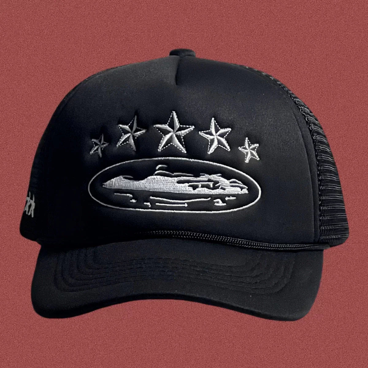 Cortiez Black Trucker Hat with Silver Stars and Cruise Ship Graphic