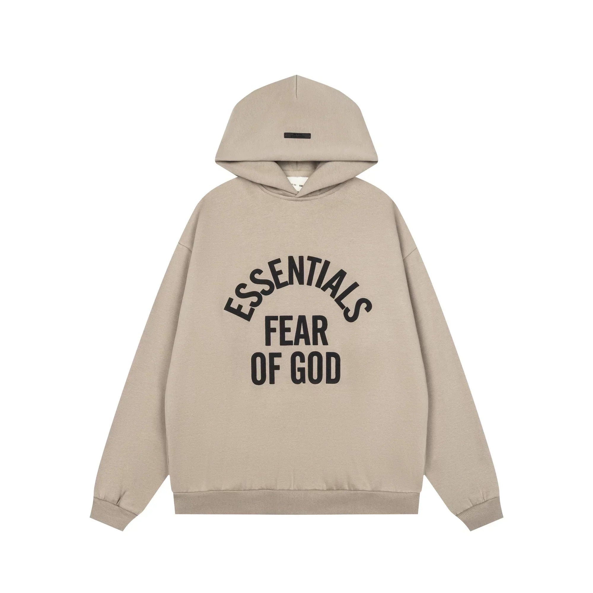 Fog Essentials Beige Oversized Arch Logo Pullover Hoodie Drop‑Shoulder Street Sweatshirt